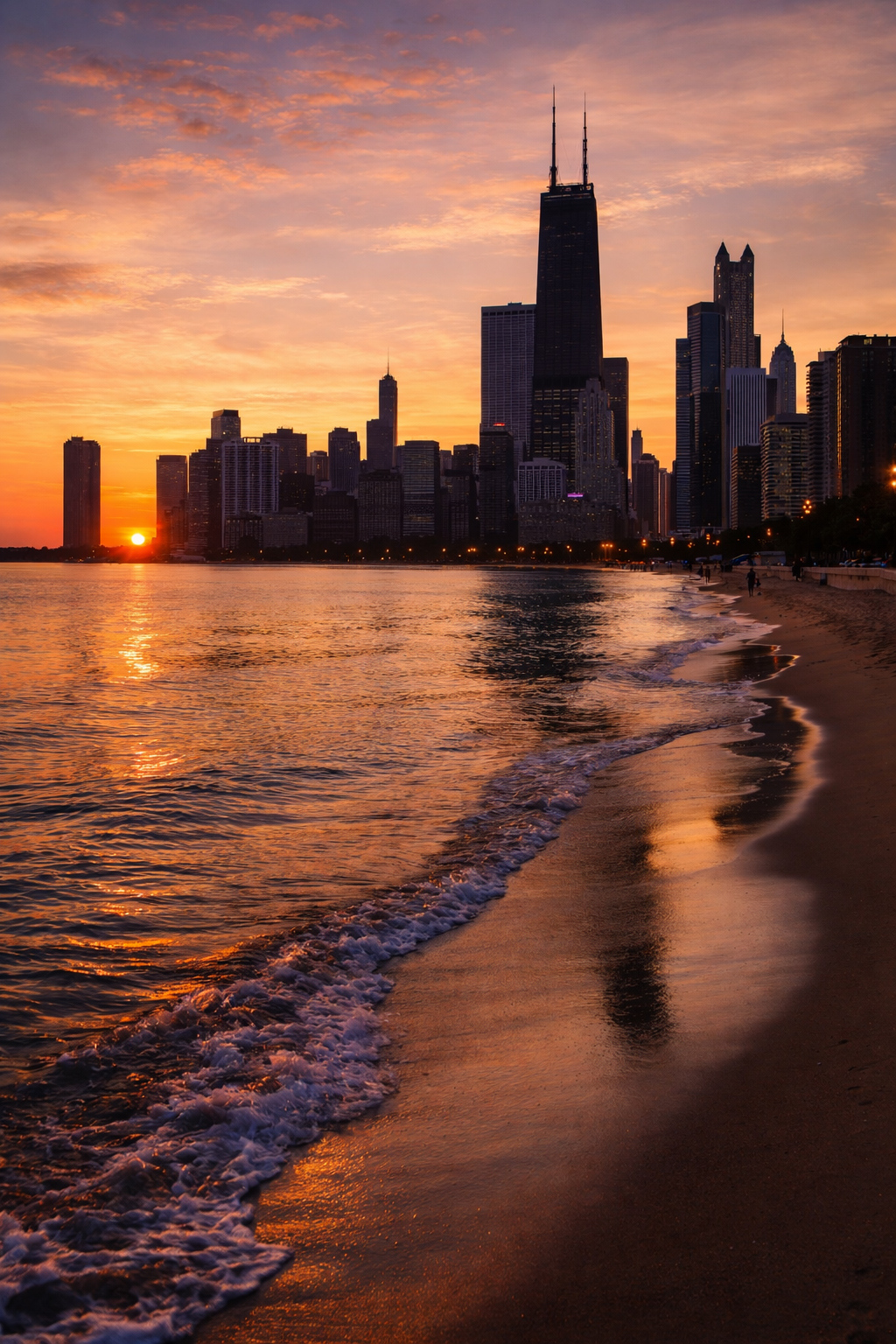 湖岸から見たシカゴの朝