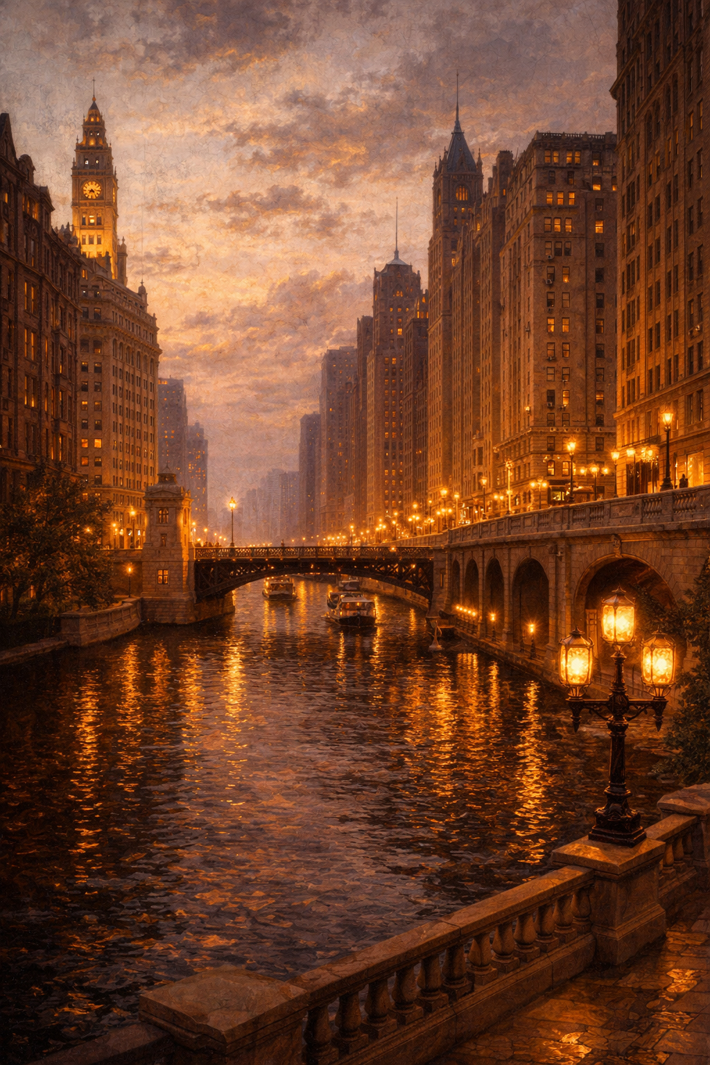 シカゴ川と石造建築の並ぶミシガン・アベニュー周辺