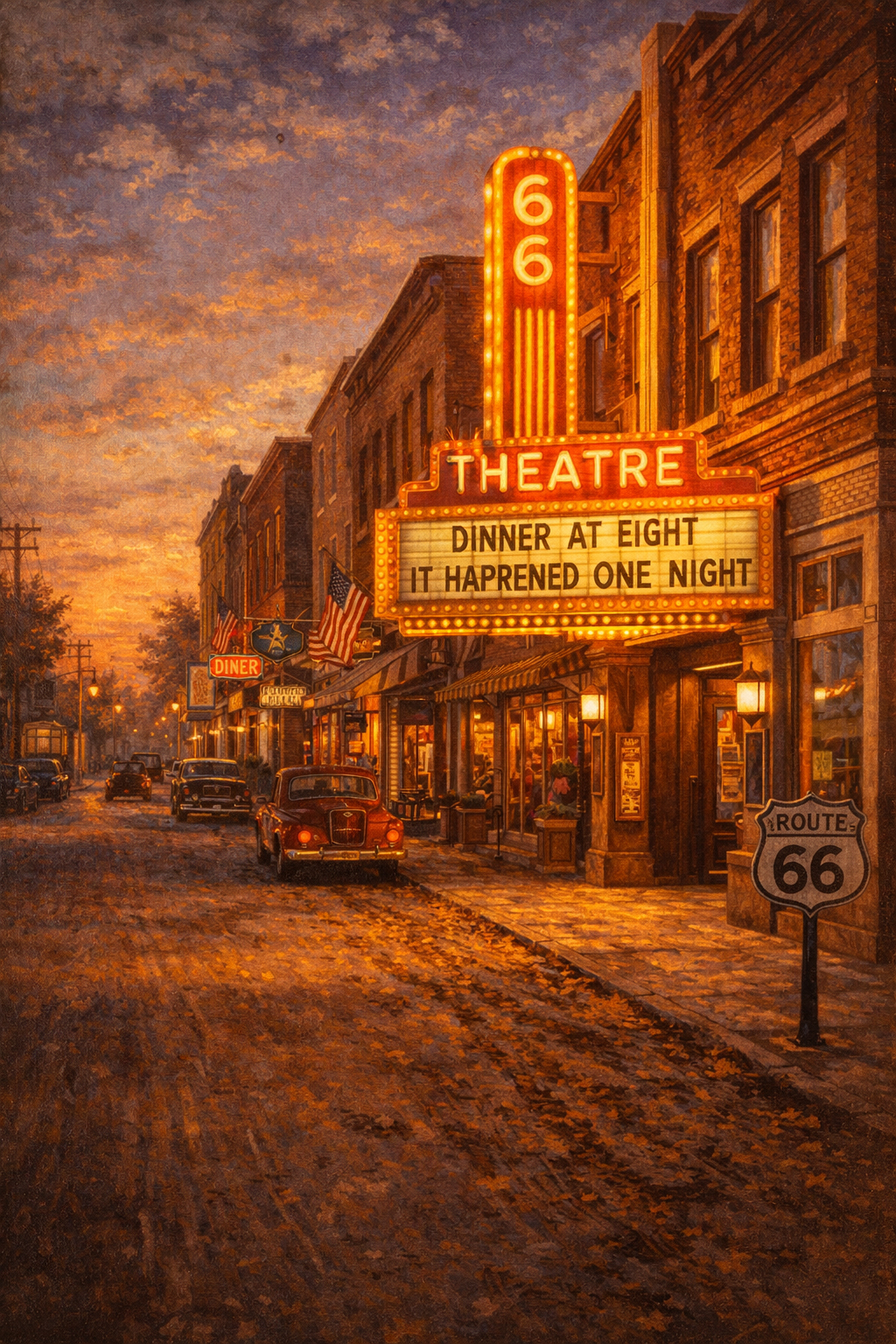 街道沿いの小さな町の夕景